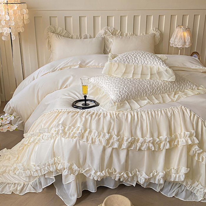 91家纺网 家纺一手货源 找家纺 花香四季家纺 2025新款天丝棉床裙款四件套-倾城 倾城-白