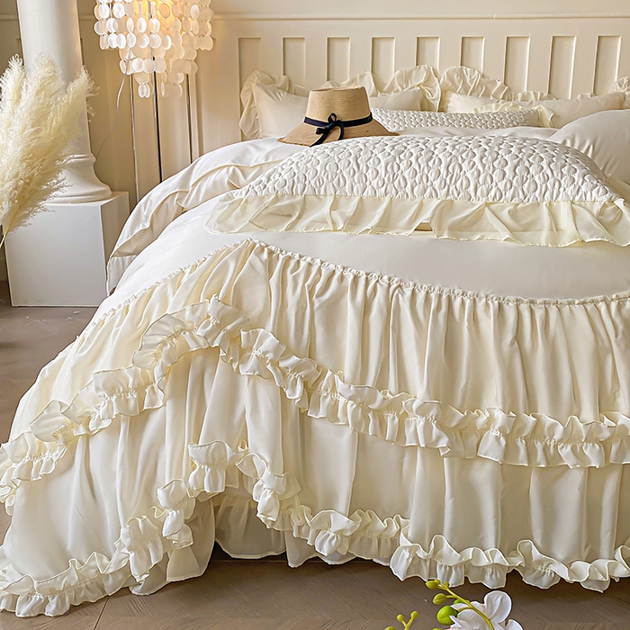 91家纺网 家纺一手货源 找家纺 花香四季家纺 2025新款天丝棉床裙款四件套-倾城 倾城-白