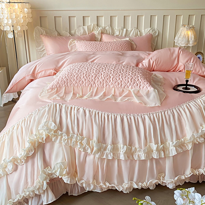 91家纺网 家纺一手货源 找家纺 花香四季家纺 2025新款天丝棉床裙款四件套-倾城 倾城-粉