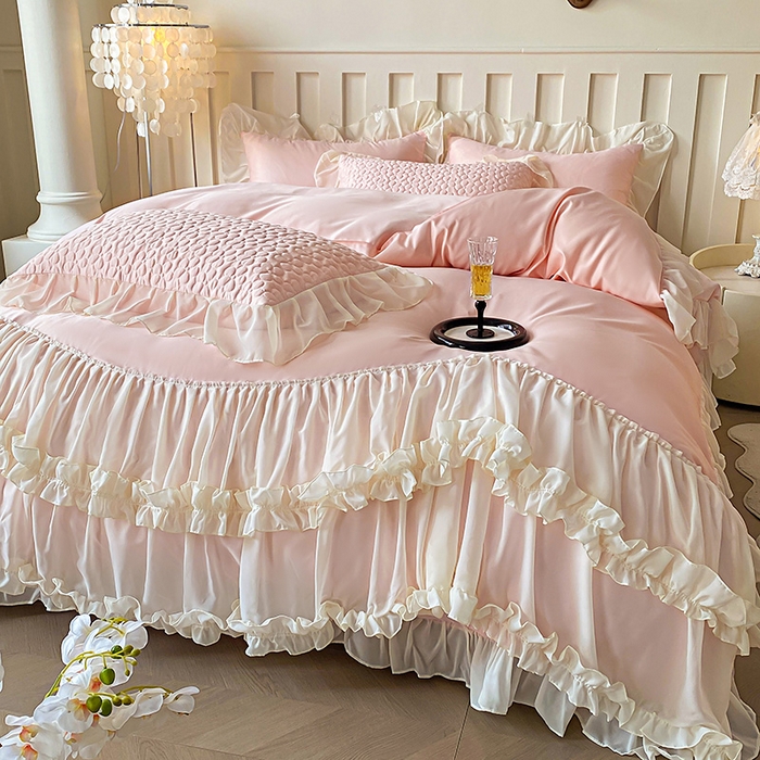 91家纺网 家纺一手货源 找家纺 花香四季家纺 2025新款天丝棉床裙款四件套-倾城 倾城-粉