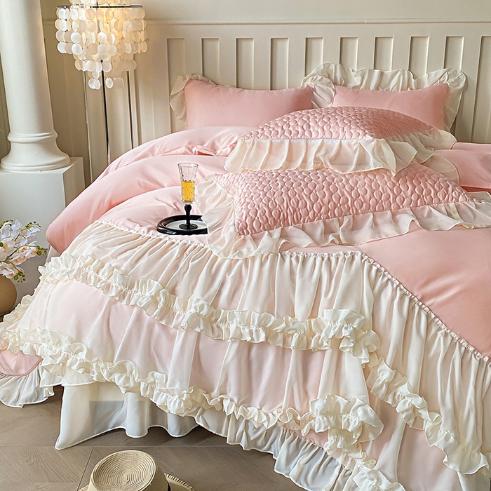 91家纺网 家纺一手货源 找家纺 花香四季家纺 2025新款天丝棉床裙款四件套-倾城 倾城-粉