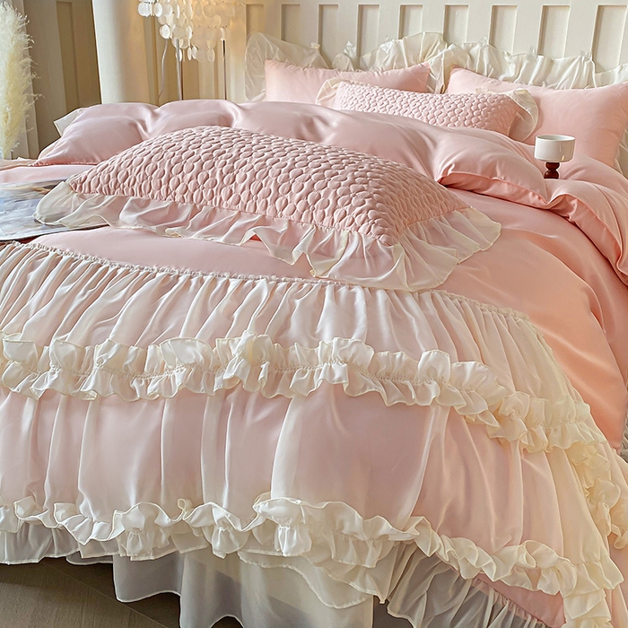 91家纺网 家纺一手货源 找家纺 花香四季家纺 2025新款天丝棉床裙款四件套-倾城 倾城-粉