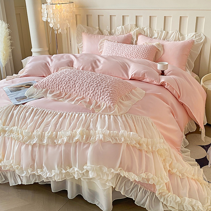 91家纺网 家纺一手货源 找家纺 花香四季家纺 2025新款天丝棉床裙款四件套-倾城 倾城-粉