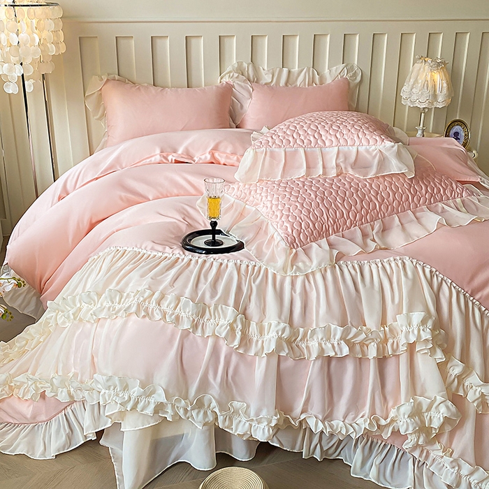 91家纺网 家纺一手货源 找家纺 花香四季家纺 2025新款天丝棉床裙款四件套-倾城 倾城-粉