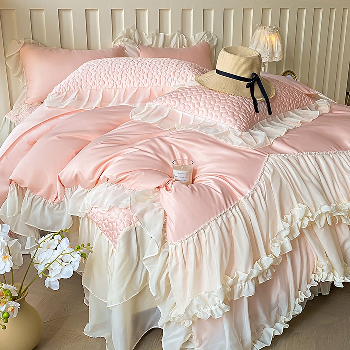 91家纺网 家纺一手货源 找家纺 花香四季家纺 2025新款天丝棉床裙款四件套-倾城 倾城-粉