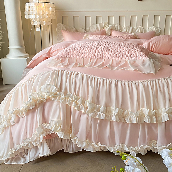 91家纺网 家纺一手货源 找家纺 花香四季家纺 2025新款天丝棉床裙款四件套-倾城 倾城-粉