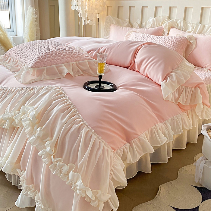 91家纺网 家纺一手货源 找家纺 花香四季家纺 2025新款天丝棉床裙款四件套-倾城 倾城-粉