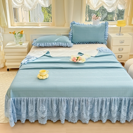 91家纺网 家纺一手货源 找家纺 慧菲  2025新款PE高分子凉感席床裙凉席三件套 【6-7斤】 海盐蓝