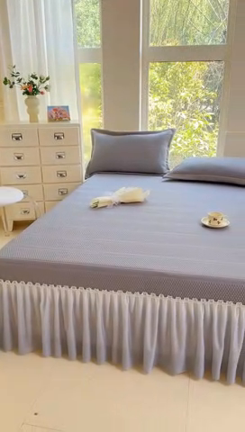 91家纺网 家纺一手货源 找家纺 慧菲 2025新款渐变床裙PE高分子凉感席床裙凉席三件套  高级灰