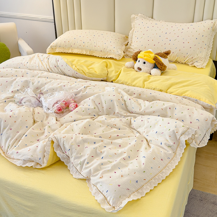 91家纺网 家纺一手货源 找家纺 竹合家纺 2025新款云感皱皱四件套-镂空花边款法式 花边款-芝士奶酪