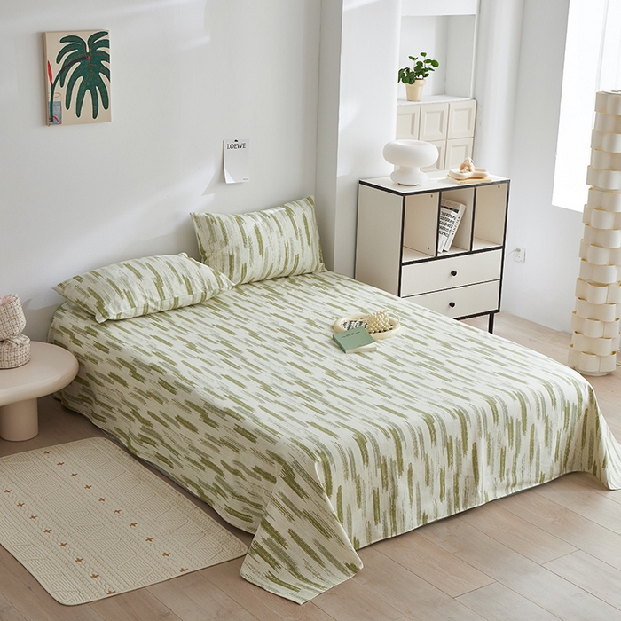 91家纺网 家纺一手货源 找家纺 怡家居 2025新款全棉老粗布床单床笠三件套 时空-绿