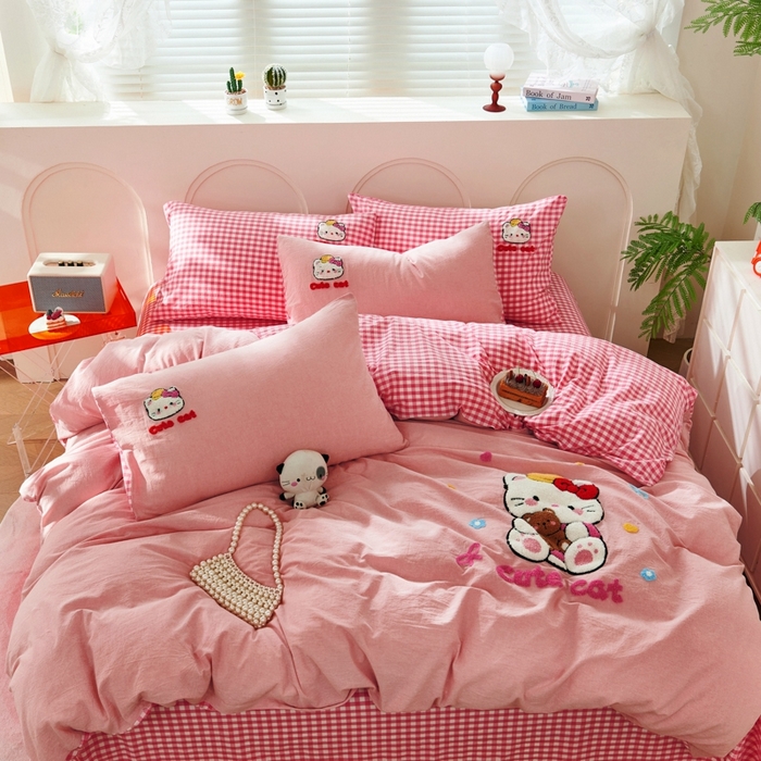 91家纺网 家纺一手货源 找家纺 徕米家居  2025新款色织全棉水洗棉毛巾绣四件套 开心KT