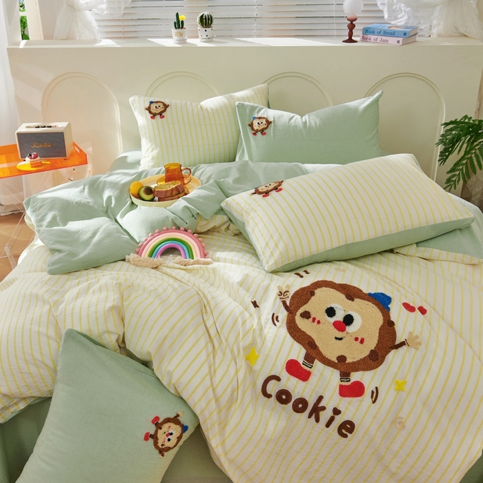 91家纺网 家纺一手货源 找家纺 徕米家居  2025新款色织全棉水洗棉毛巾绣四件套 条纹曲奇