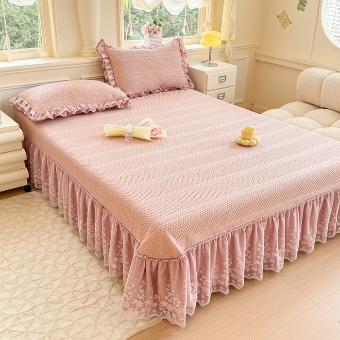 91家纺网 家纺一手货源 找家纺 慧菲  2025新款PE高分子凉感席床裙凉席三件套 【6-7斤】 粉豆沙