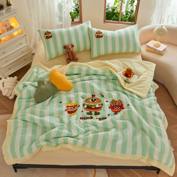 91家纺网 家纺一手货源 找家纺 2025新款色织全棉纯棉绣花单夏被夏凉被空调被 汉堡家族