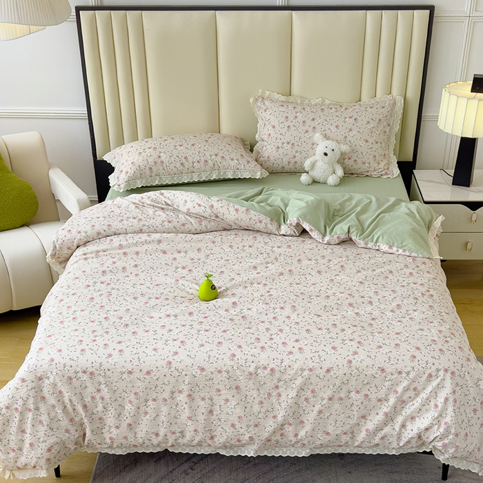 91家纺网 家纺一手货源 找家纺 竹合家纺 2025新款云感皱皱四件套-镂空花边款法式 花边款-玫瑰