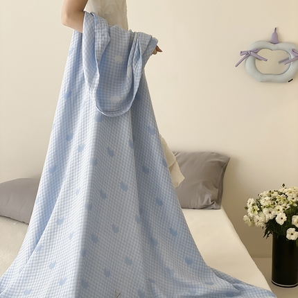 麻依 2025新款色织提花天丝棉冷感毯系列 爱心格-蓝色