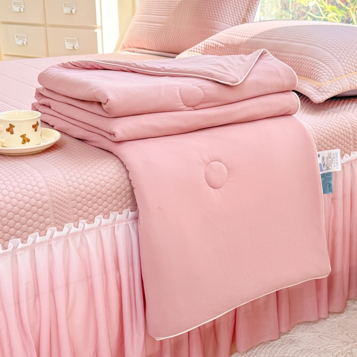 91家纺网 家纺一手货源 找家纺 慧菲 2025新款渐变床裙PE高分子凉感席床裙凉席三件套  少女粉