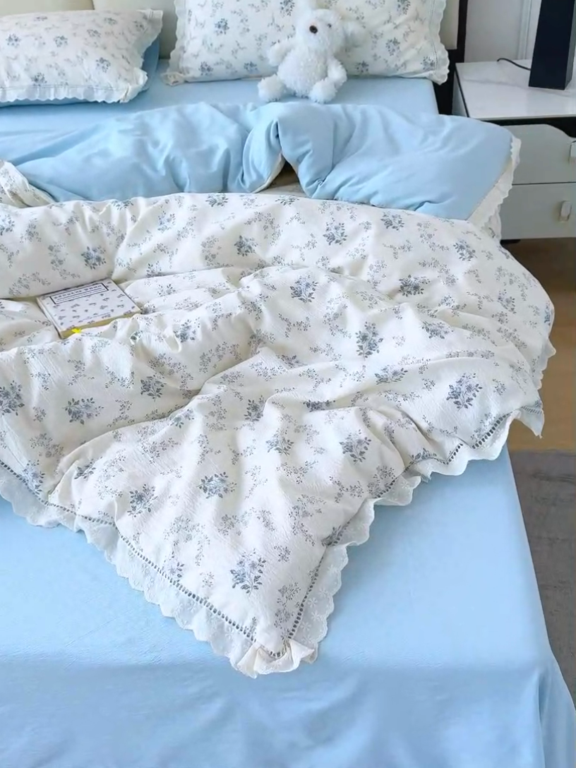 91家纺网 家纺一手货源 找家纺 竹合家纺 2025新款云感皱皱四件套-镂空花边款法式 花边款-兰亭序