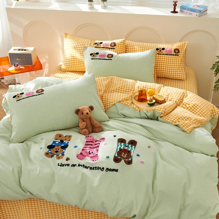 91家纺网 家纺一手货源 找家纺 徕米家居  2025新款色织全棉水洗棉毛巾绣四件套 顽皮狗