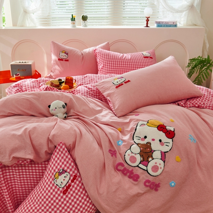 91家纺网 家纺一手货源 找家纺 徕米家居  2025新款色织全棉水洗棉毛巾绣四件套 开心KT