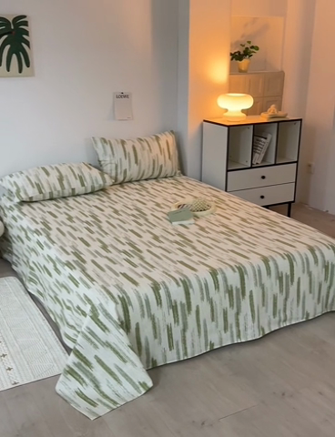 91家纺网 家纺一手货源 找家纺 怡家居 2025新款全棉老粗布床单床笠三件套 时空-绿