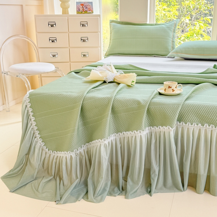 91家纺网 家纺一手货源 找家纺 慧菲 2025新款渐变床裙PE高分子凉感席床裙凉席三件套  水波绿