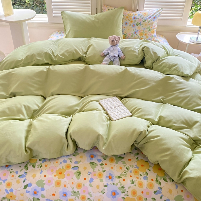 91家纺网 家纺一手货源 找家纺 黑马家居 2025新款全棉喷气13070印花四件套 田苑小风 绿