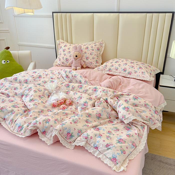 91家纺网 家纺一手货源 找家纺 竹合家纺 2025新款云感皱皱四件套-镂空花边款法式 花边款-美娜