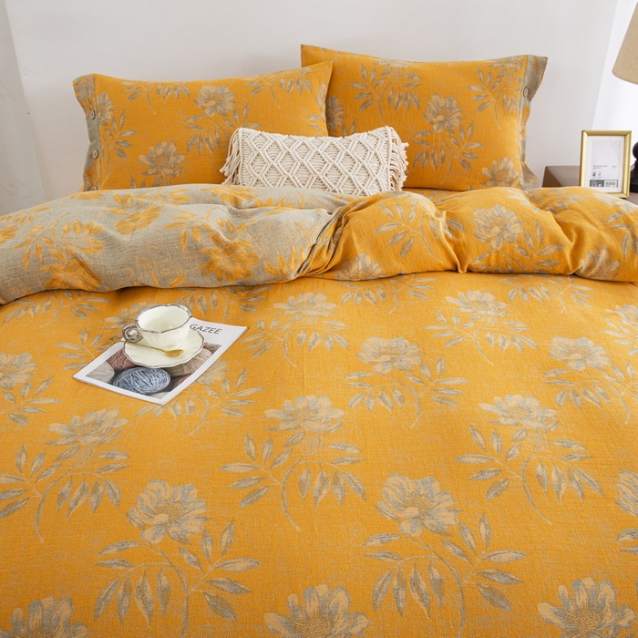 91家纺网 家纺一手货源 找家纺 鲁爱家纺供货 2025新款全棉色织双层纱纽扣款四件套 国色天香-栀子黄