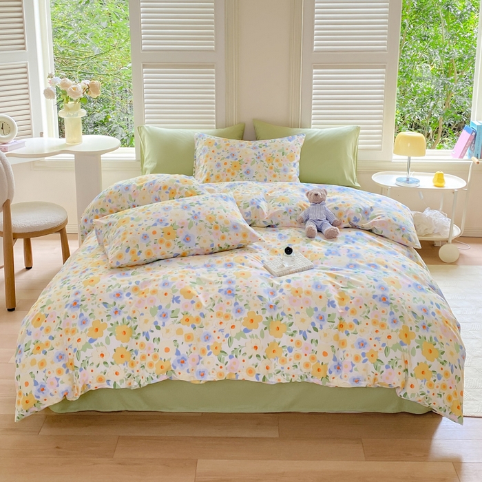 91家纺网 家纺一手货源 找家纺 黑马家居 2025新款全棉喷气13070印花四件套 田苑小风 黄