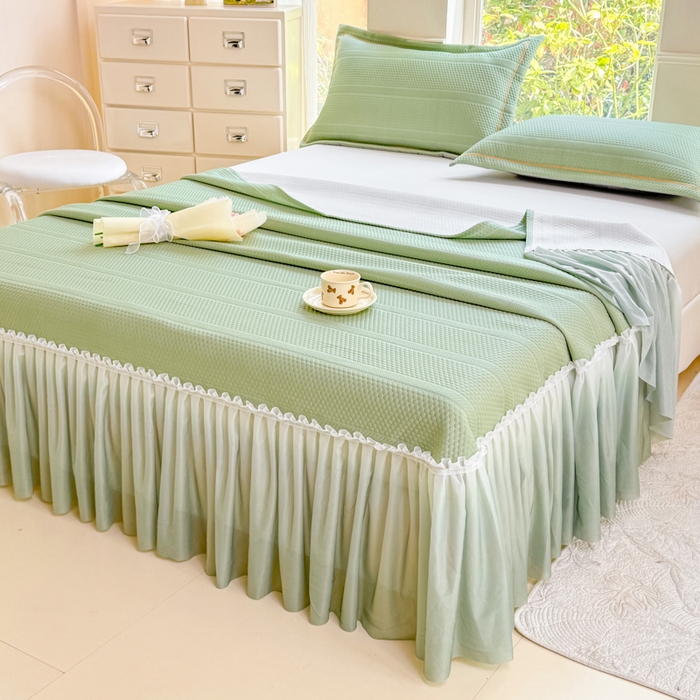 91家纺网 家纺一手货源 找家纺 慧菲 2025新款渐变床裙PE高分子凉感席床裙凉席三件套  水波绿