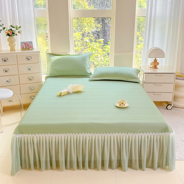 91家纺网 家纺一手货源 找家纺 慧菲 2025新款渐变床裙PE高分子凉感席床裙凉席三件套  水波绿