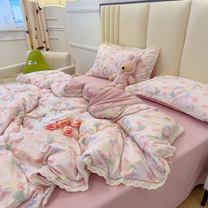 91家纺网 家纺一手货源 找家纺 竹合家纺 2025新款云感皱皱四件套-镂空花边款法式 花边款-若欢