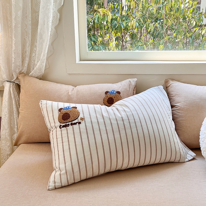 91家纺网 家纺一手货源 找家纺 徕米家居  2025新款色织全棉水洗棉毛巾绣四件套 条纹卡皮巴拉