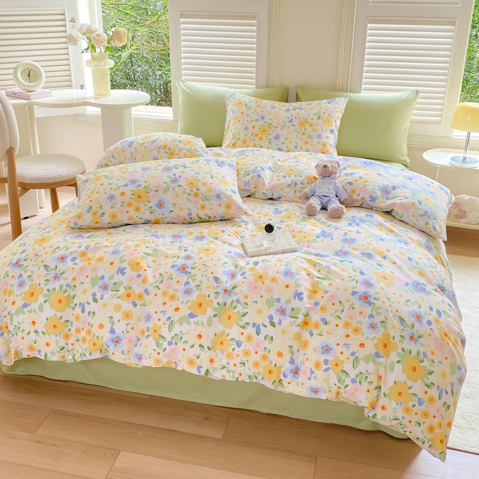 91家纺网 家纺一手货源 找家纺 黑马家居 2025新款全棉喷气13070印花四件套 田苑小风 黄