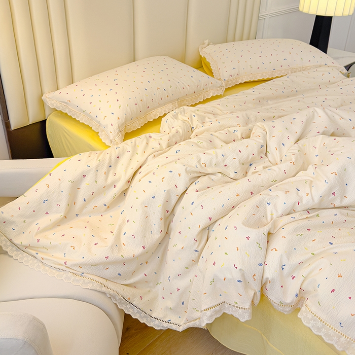 91家纺网 家纺一手货源 找家纺 竹合家纺 2025新款云感皱皱四件套-镂空花边款法式 花边款-芝士奶酪