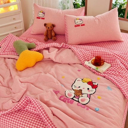 91家纺网 家纺一手货源 找家纺 徕米家居  2025新款色织全棉纯棉绣花夏被夏凉被空调被四件套 开心KT