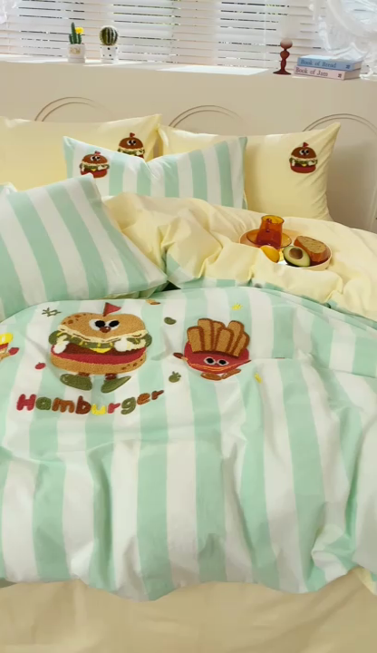 91家纺网 家纺一手货源 找家纺 徕米家居  2025新款色织全棉水洗棉毛巾绣四件套 汉堡家族