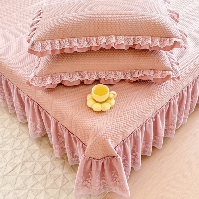 91家纺网 家纺一手货源 找家纺 慧菲  2025新款PE高分子凉感席床裙凉席三件套 【6-7斤】 粉豆沙