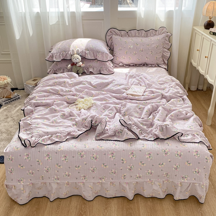 91家纺网 家纺一手货源 找家纺 2025新款云感双层纱夏被四件套-床盖款 奶油味的暗恋