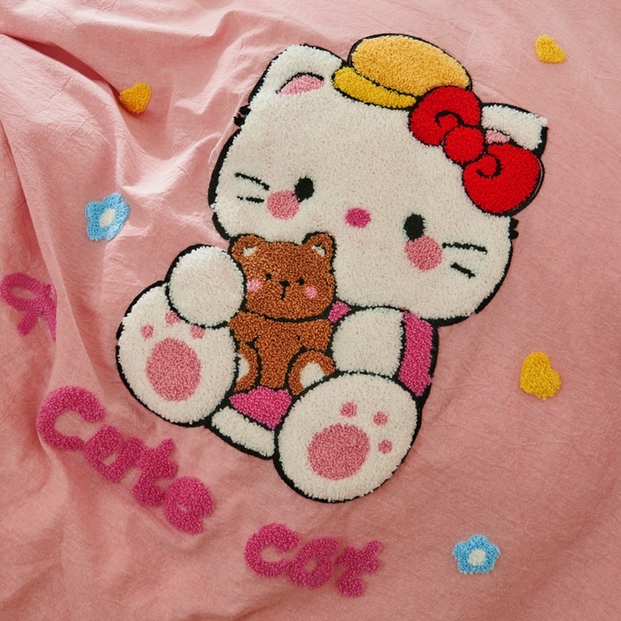 91家纺网 家纺一手货源 找家纺 徕米家居  2025新款色织全棉水洗棉毛巾绣四件套 开心KT