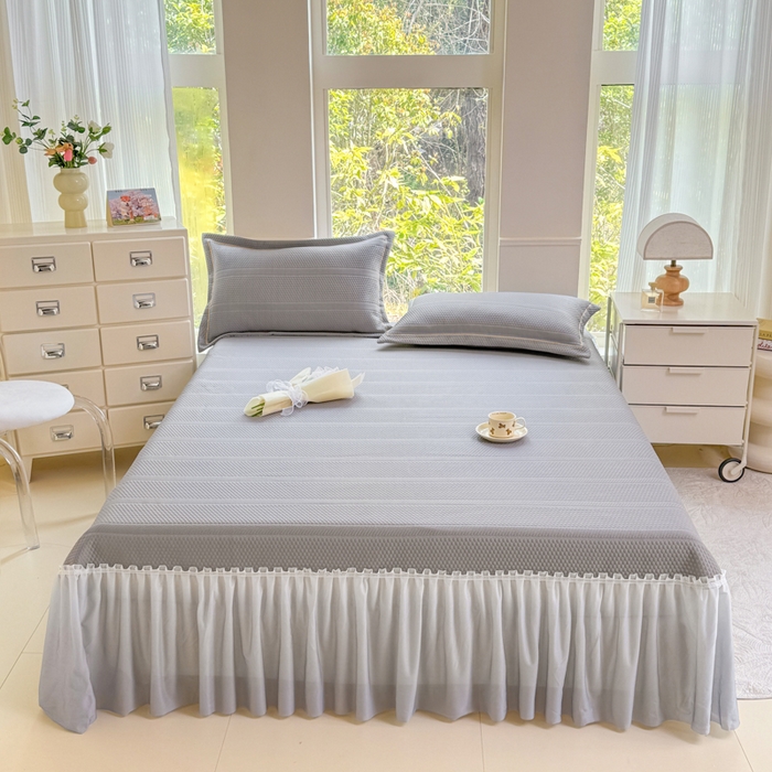 91家纺网 家纺一手货源 找家纺 慧菲 2025新款渐变床裙PE高分子凉感席床裙凉席三件套  高级灰