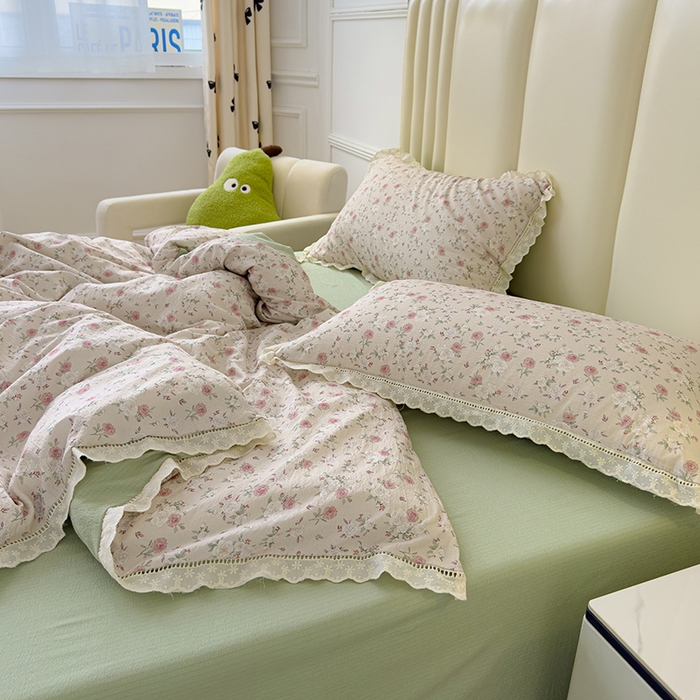 91家纺网 家纺一手货源 找家纺 竹合家纺 2025新款云感皱皱四件套-镂空花边款法式 花边款-玫瑰