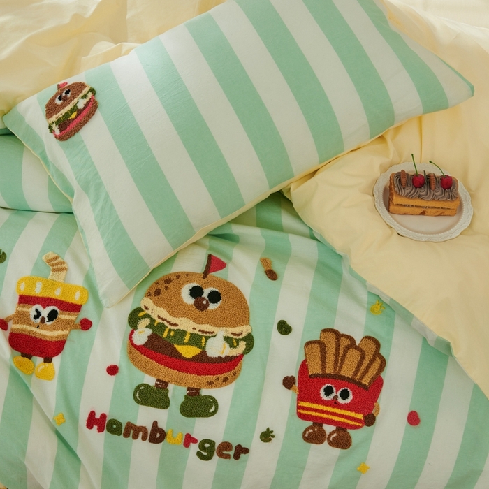 91家纺网 家纺一手货源 找家纺 徕米家居  2025新款色织全棉水洗棉毛巾绣四件套 汉堡家族