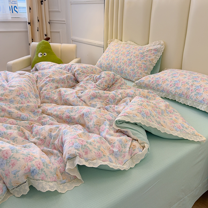 91家纺网 家纺一手货源 找家纺 竹合家纺 2025新款云感皱皱四件套-镂空花边款法式 花边款-薄荷初夏