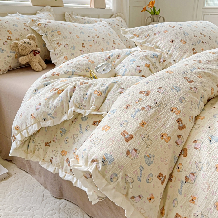 91家纺网 家纺一手货源 找家纺 优选良品 2025新款直播热款赫本风皱皱双层纱花边款针织皱皱纱法式印花吊边床单三件套床笠四件套 开心乐园