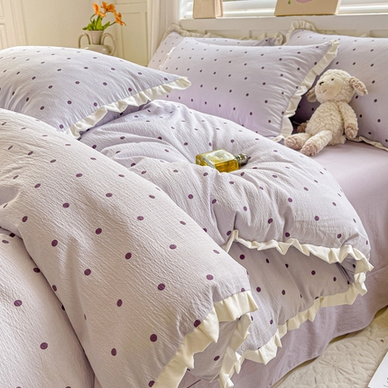 优选良品 2025新款直播热款赫本风皱皱双层纱花边款针织皱皱纱法式印花吊边床单三件套床笠四件套 波点-紫