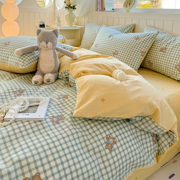 91家纺网 家纺一手货源 找家纺 黑马家居 2025新款全棉喷气13070印花四件套 格雷小熊