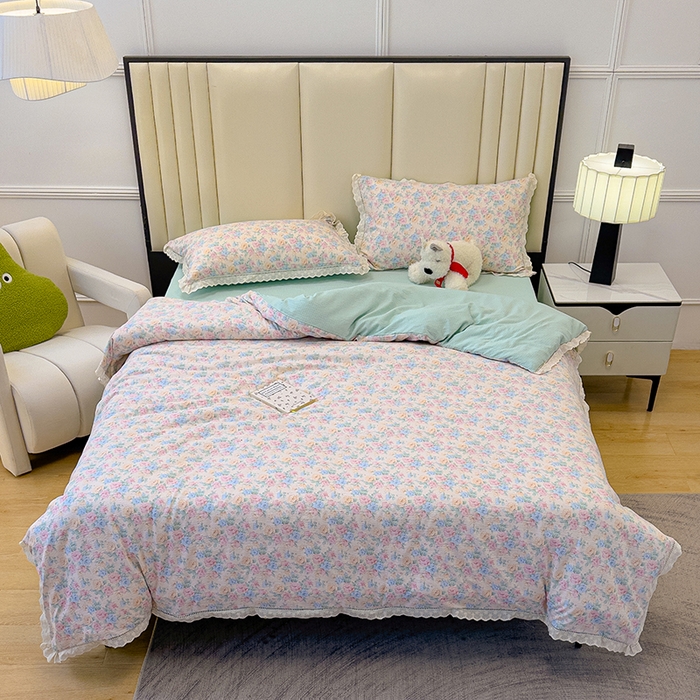 91家纺网 家纺一手货源 找家纺 竹合家纺 2025新款云感皱皱四件套-镂空花边款法式 花边款-薄荷初夏